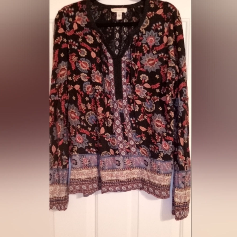 American Vintage Bohemian Blouse With Floral Pattern Long Sleeve Size Large